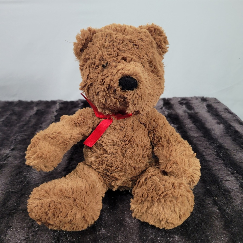 Aurora World Jackson Teddy Bear Brown Shaggy Plush Red Ribbon Stuffed Animal